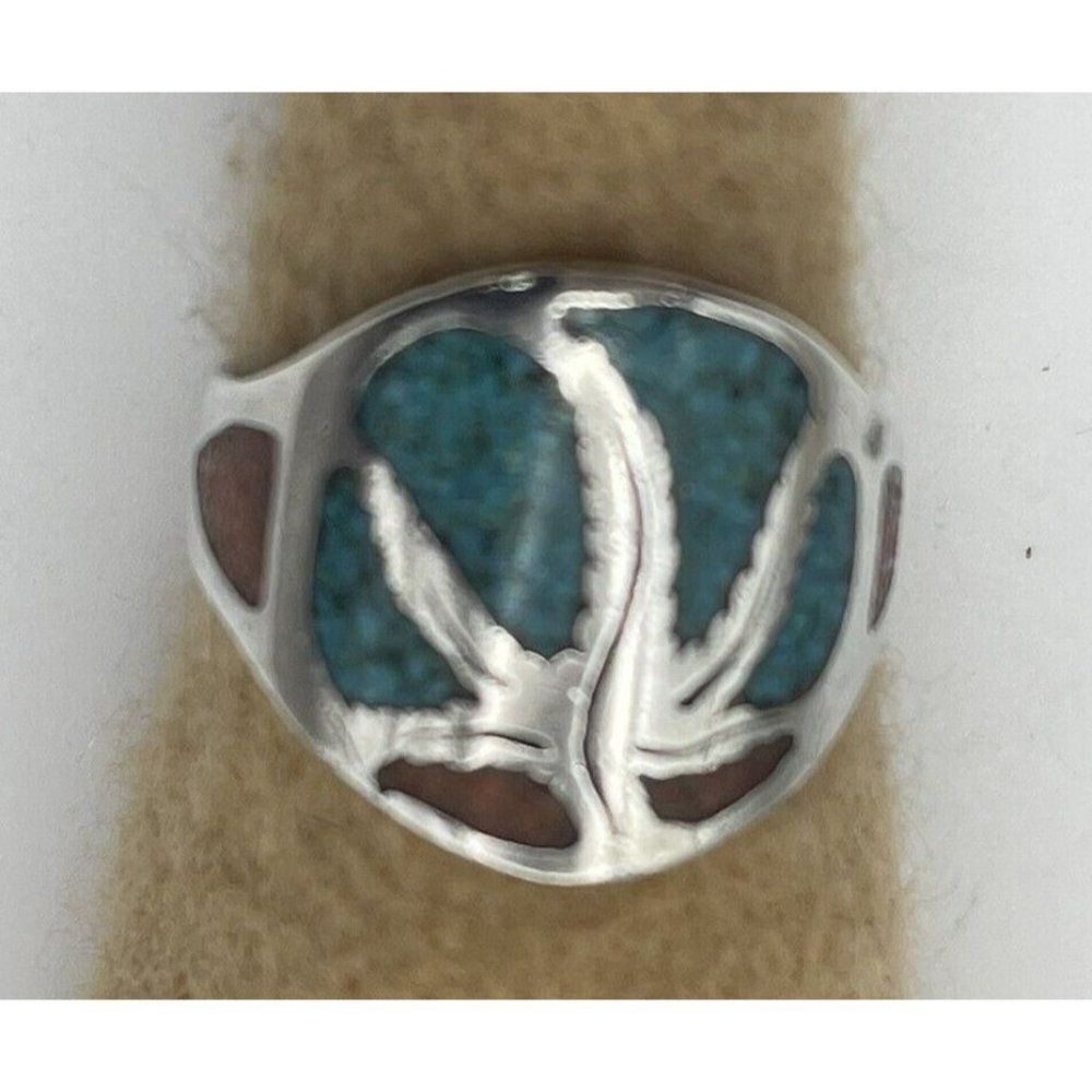 Vintage Tree of Life Sterling silver turquoise Coral Chip Inlay Ring size 10.25